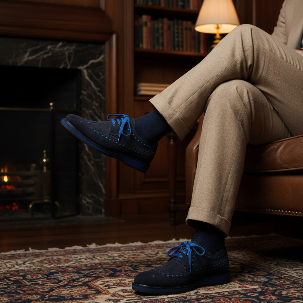 Luxury handmade suede brogue derby shoes styled with tailored trousers in an old money setting