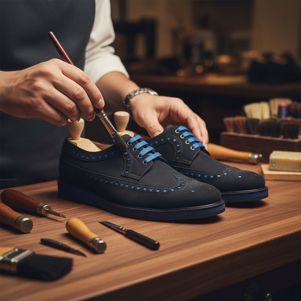 Skilled artisan applying premium finishing treatment to luxury suede brogue derby shoes