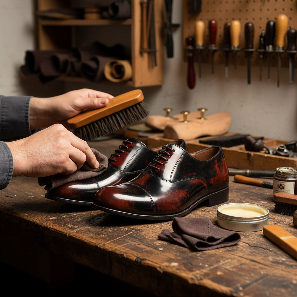 Artisan hand polishing the Lucenzo High Shine Oxford with premium wax during the final finishing process at Marvel Leather.