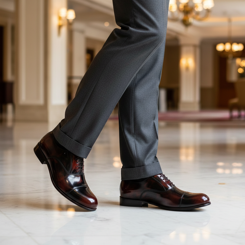 Luxury lifestyle image featuring the Lucenzo High Shine Oxford handcrafted by Marvel Leather and worn in an elegant executive setting.