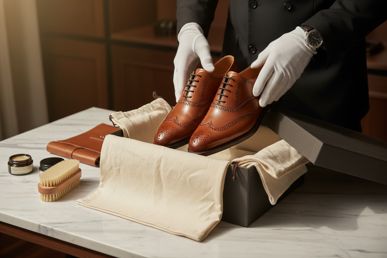 Luxury handmade leather shoes carefully packed in premium box for delivery