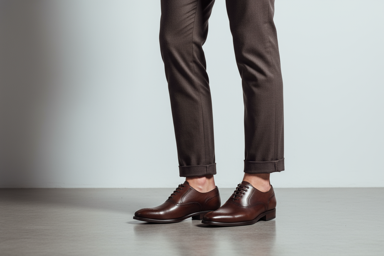 Close-up of a male model wearing one Oxford leather shoe with a hidden height-increase insole while the other foot is bare, showing a subtle height difference in a professional studio setting.
