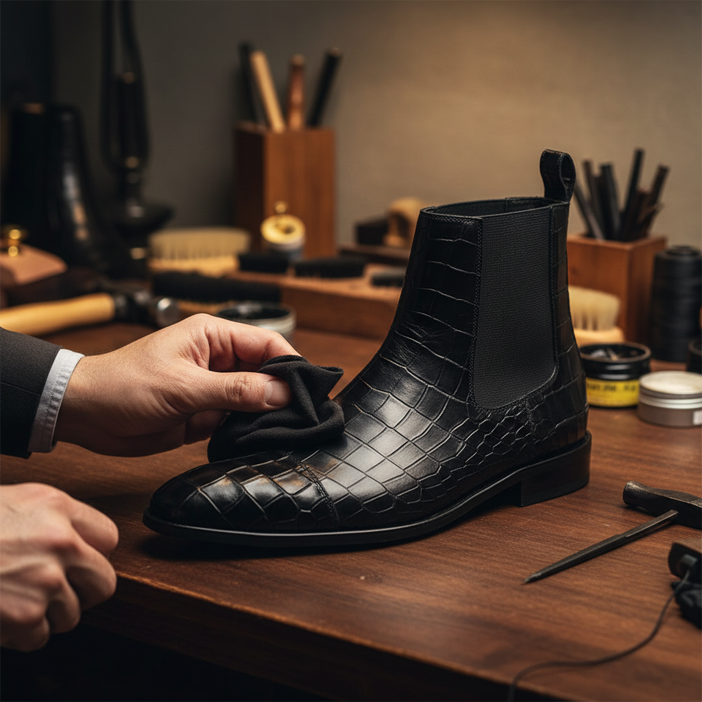 Skilled artisan applying premium wax and hand polishing luxury black crocodile embossed leather Chelsea boots