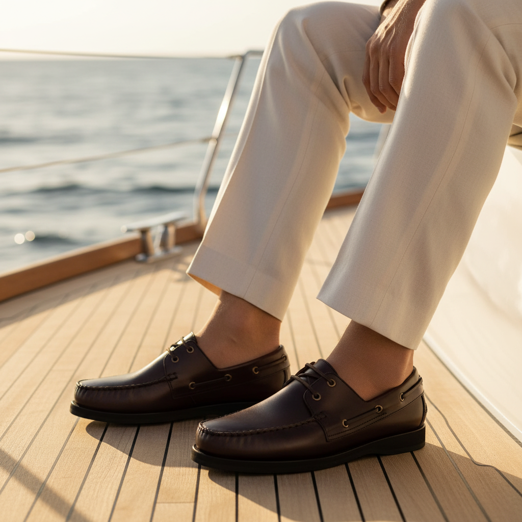 Luxury handmade classic leather boat shoes styled with tailored trousers in an old money setting