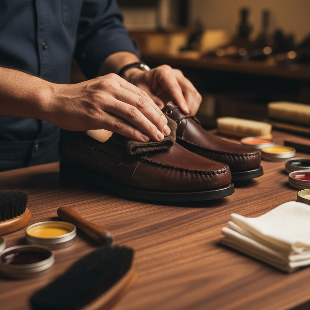 Skilled artisan applying premium wax and hand polishing luxury classic leather boat shoes