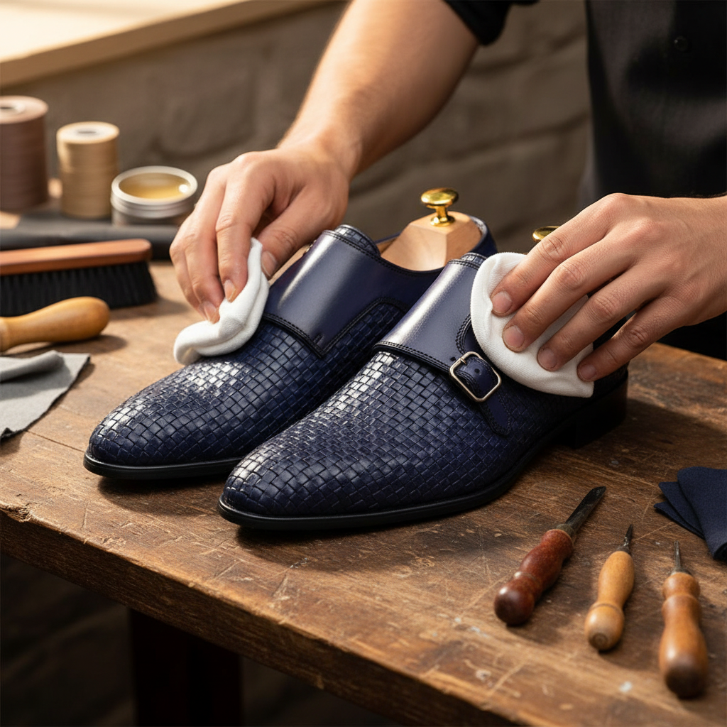 Artisan hand polishing the Marius Navy Woven Leather Monk Straps with premium wax during the final finishing process at Marvel Leather.