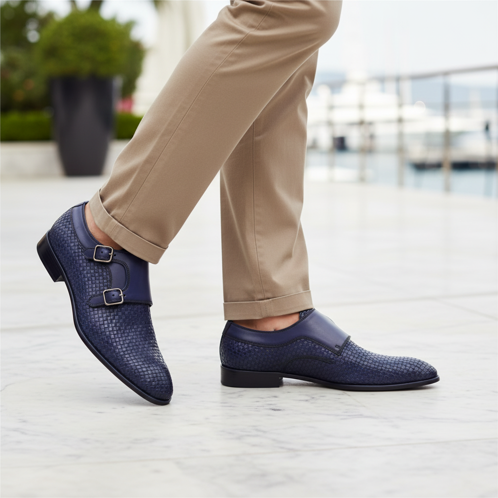 Luxury lifestyle image featuring the Marius Navy Woven Leather Monk Straps handcrafted by Marvel Leather and worn in an upscale smart-casual setting.