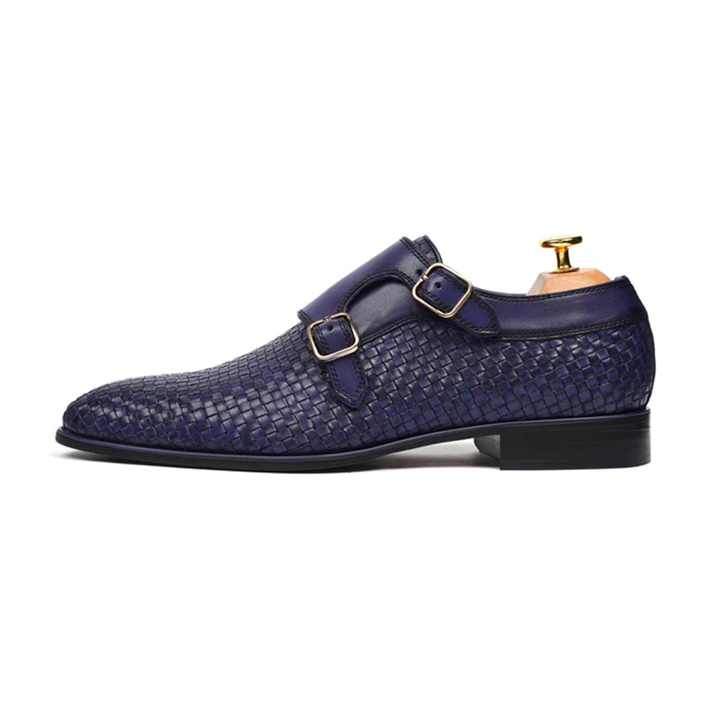 Marius navy woven leather monk straps – Marvel Leather handmade shoes for men