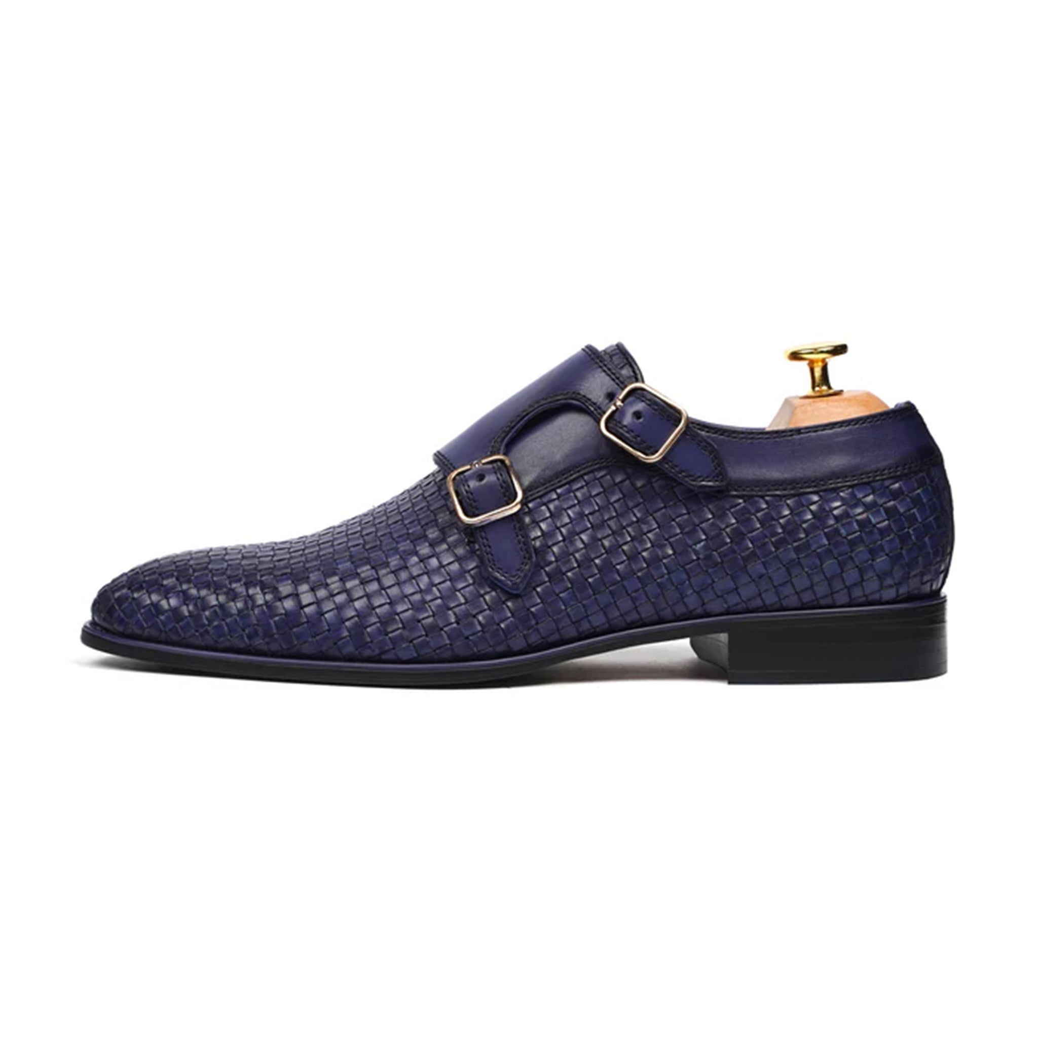 Marius navy woven leather monk straps – Marvel Leather handmade shoes for men