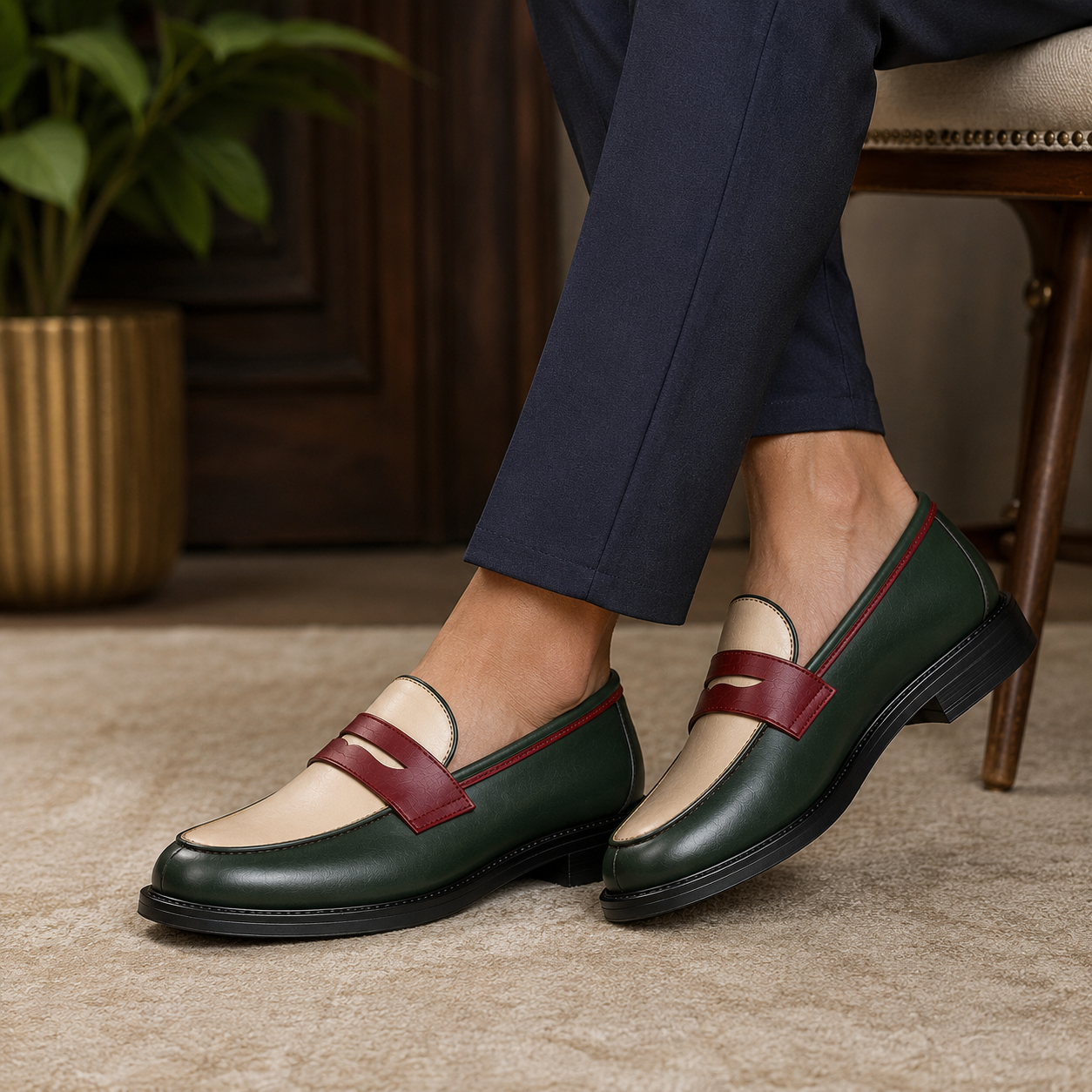 Marvel Green & Burgundy Penny Loafers lifestyle
