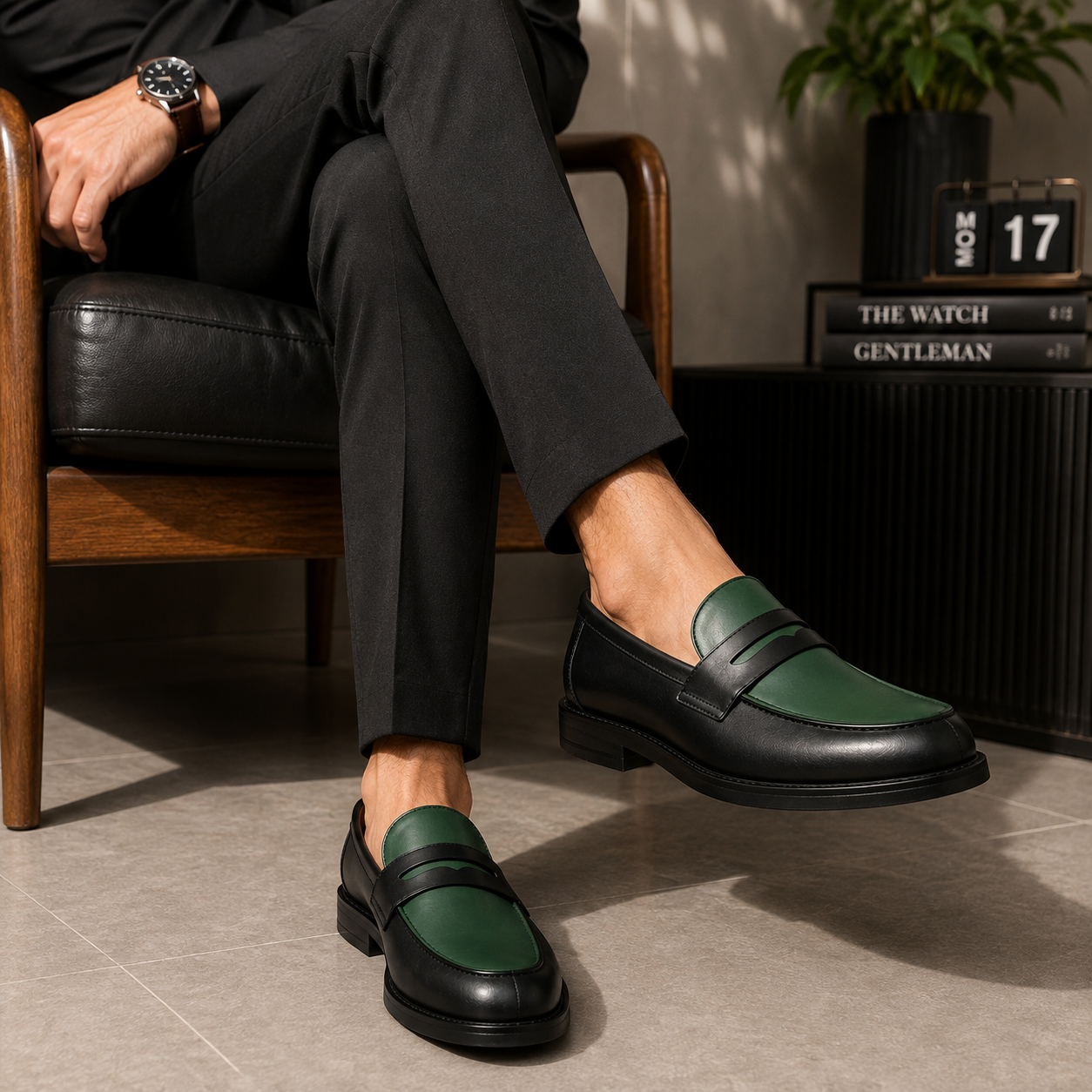 Marvel Signature Black & Forest Green Penny Loafers Lifestyle