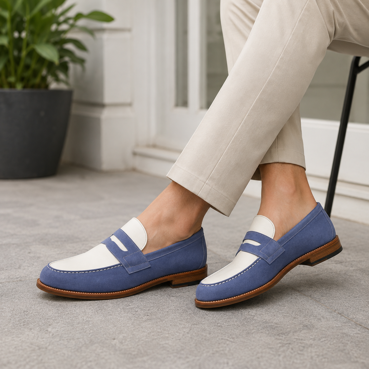 Marvel Signature blue and white penny loafers worn with cream trousers