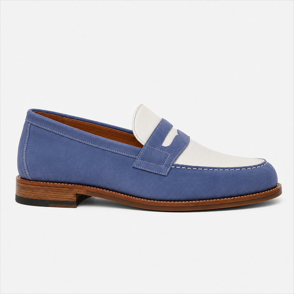 Side view of Marvel Signature blue and white penny loafers