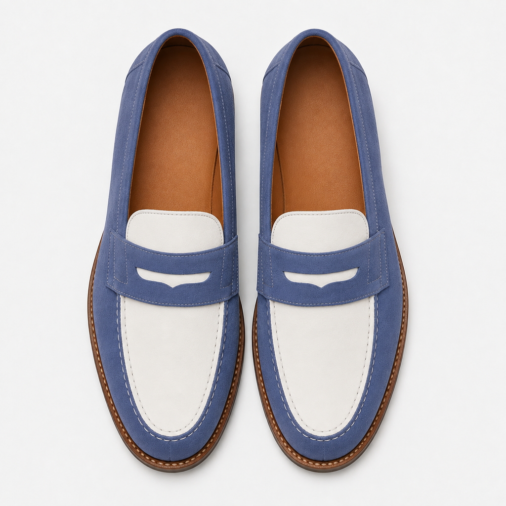 Top view of Marvel Signature blue and white penny loafers