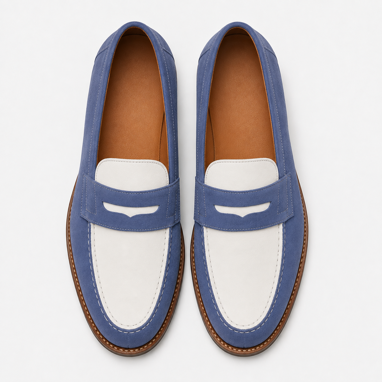 Top view of Marvel Signature blue and white penny loafers