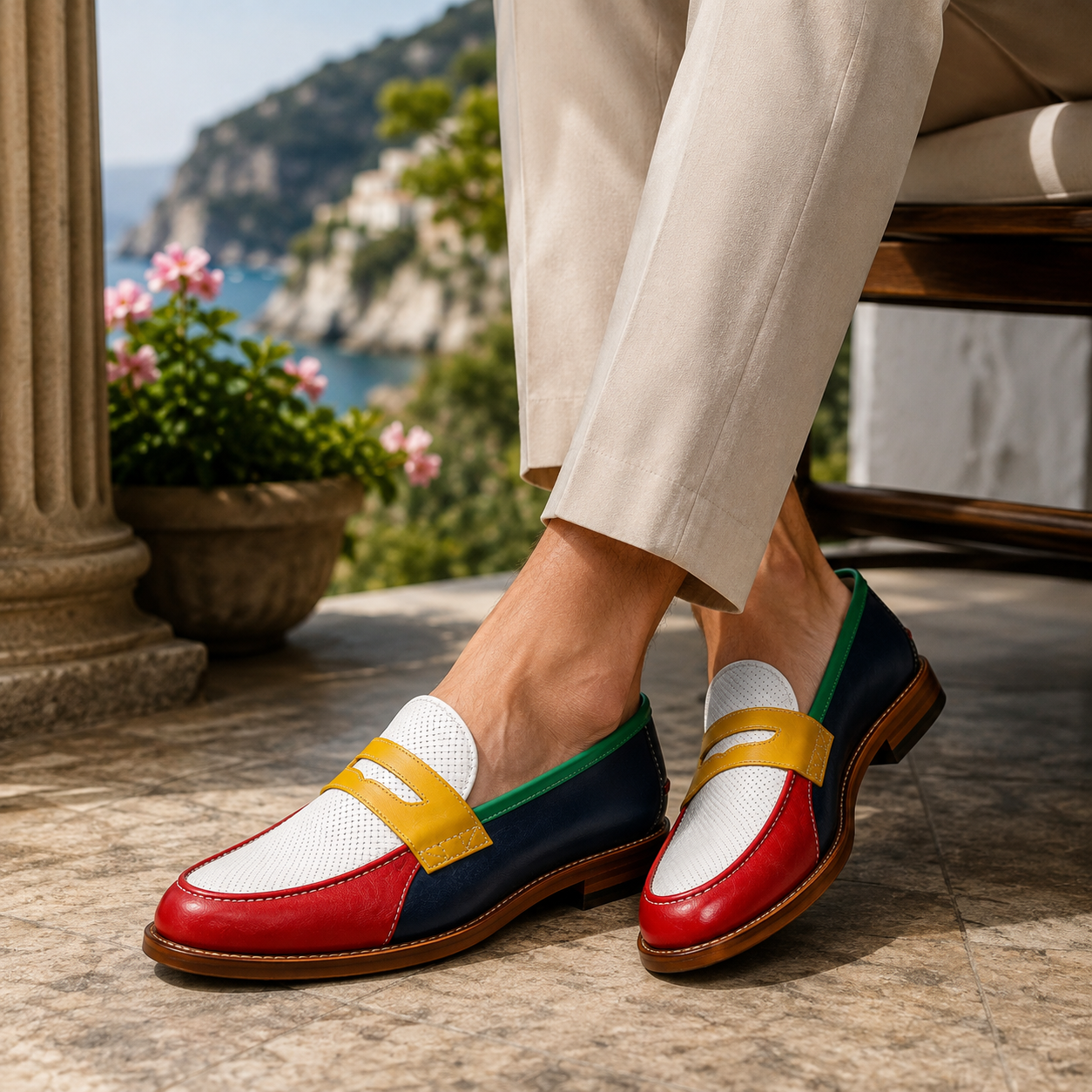 Marvel Signature Capri leather loafers for men styled with cream trousers in a luxury outdoor setting