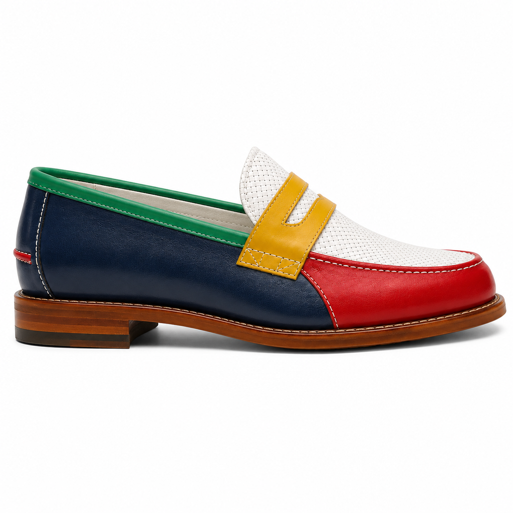Side view of Marvel Signature Capri leather loafers with brown stacked sole