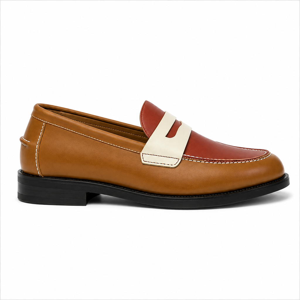 Marvel Signature caramel contrast penny loafers side view