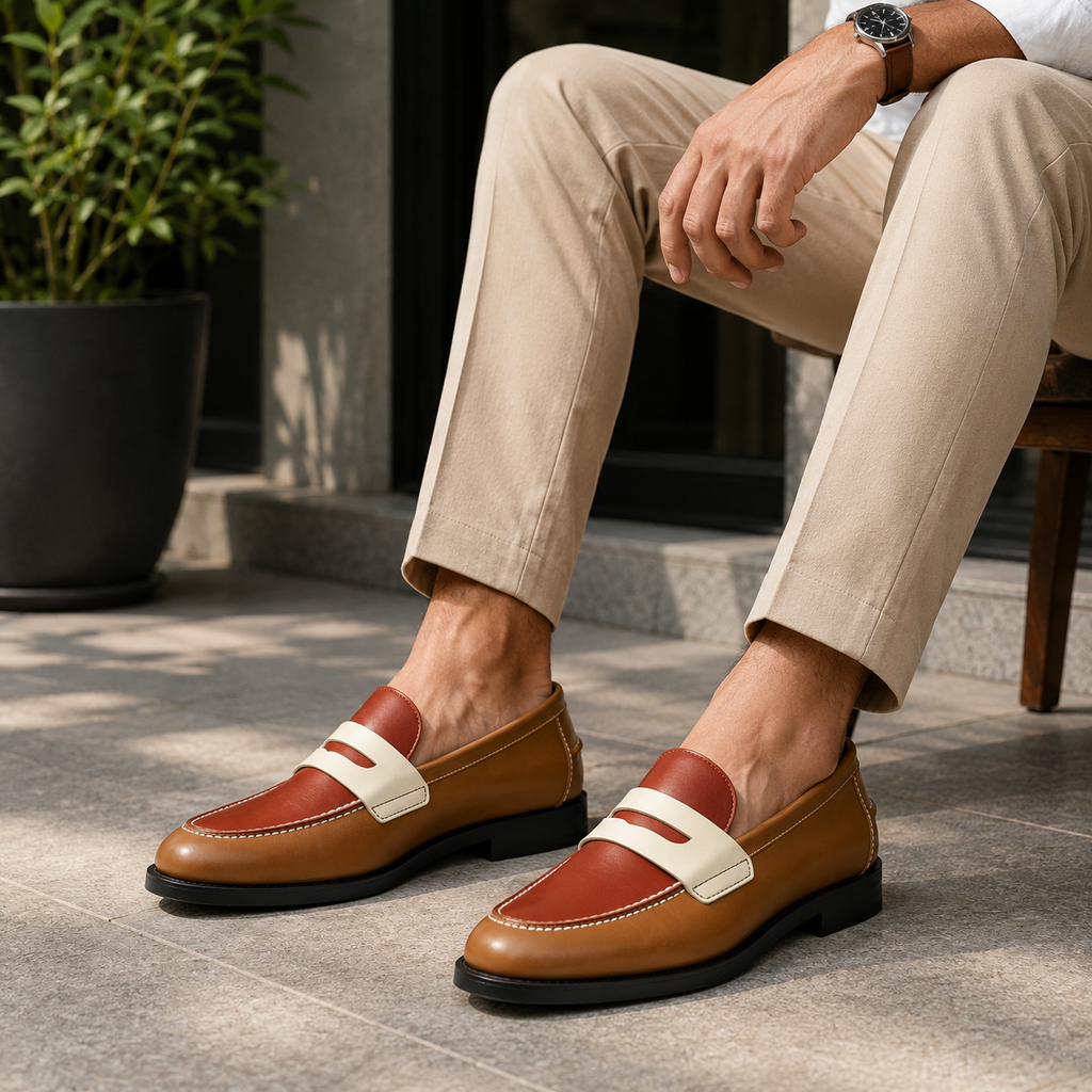 Marvel Signature caramel contrast penny loafers side view