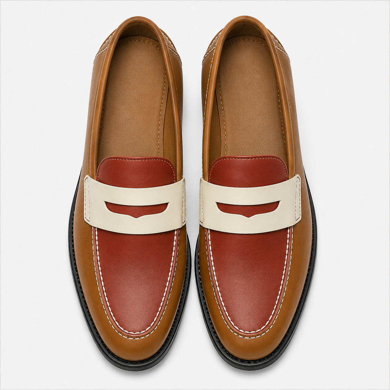 Marvel Signature caramel contrast penny loafers top view