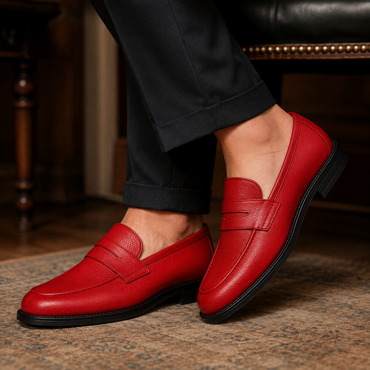 Man wearing Marvel Signature Crimson red leather loafers in a luxury setting