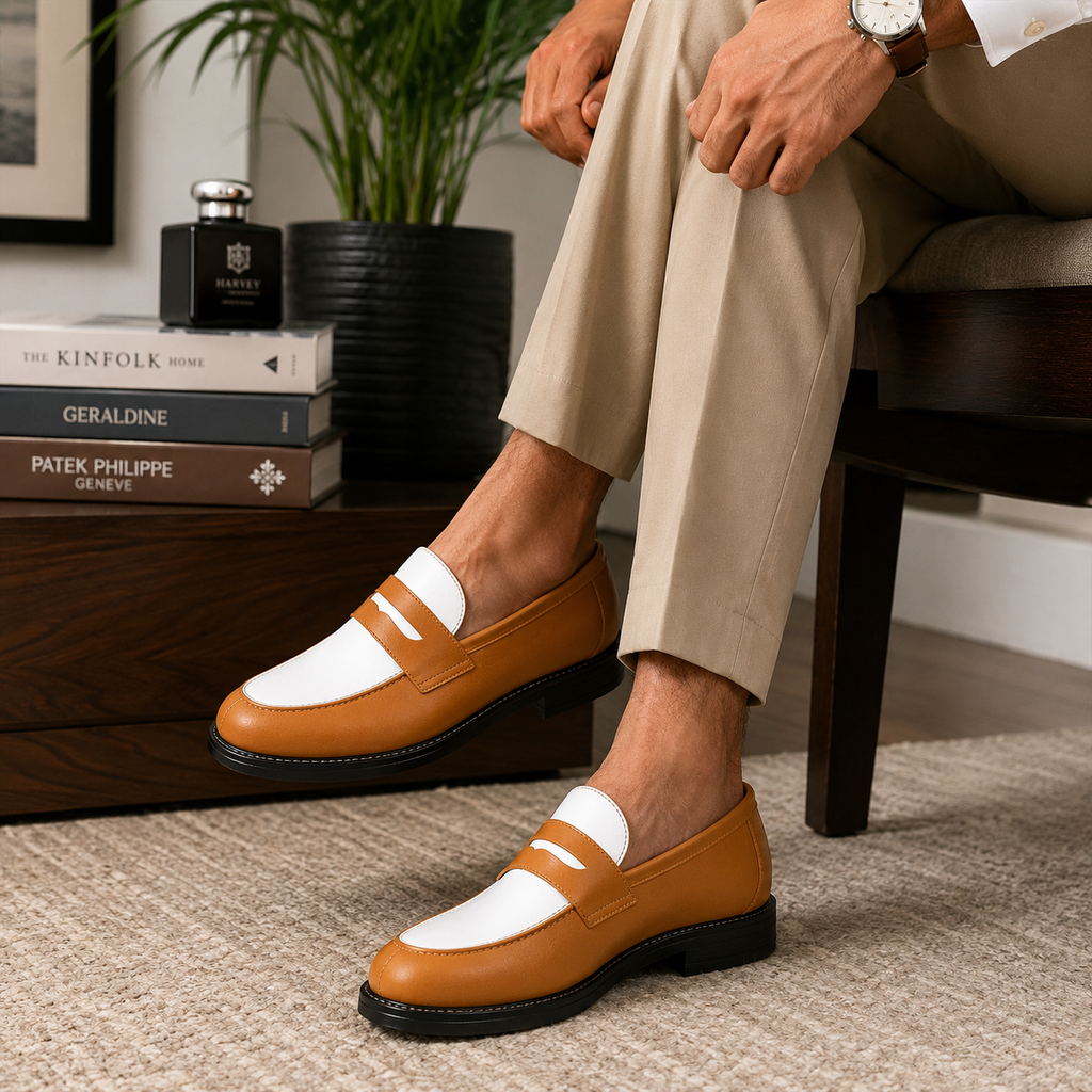 Marvel Signature Heritage Tan & White Penny Loafers lifestyle