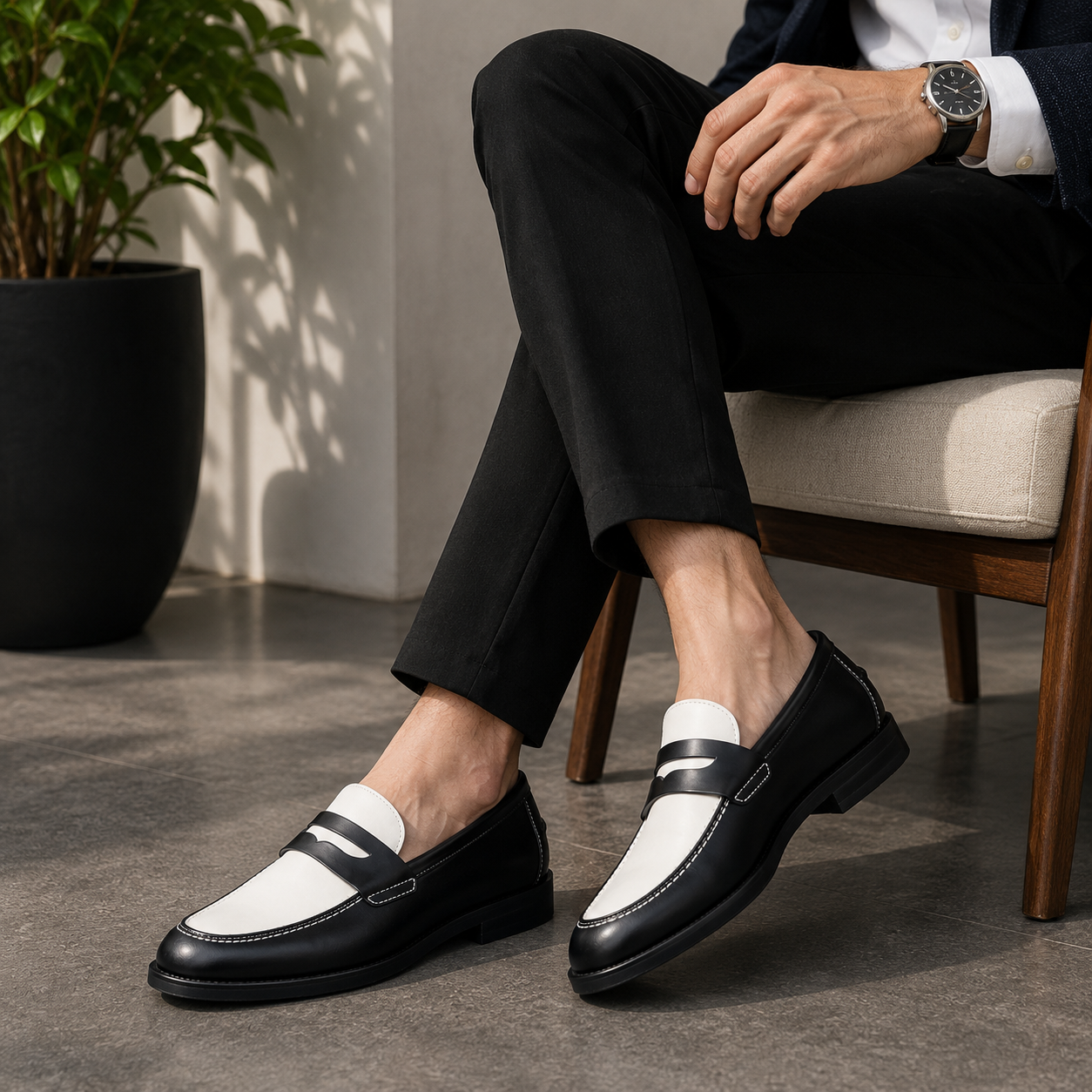 Marvel Signature Monochrome Penny Loafers worn with smart casual outfit