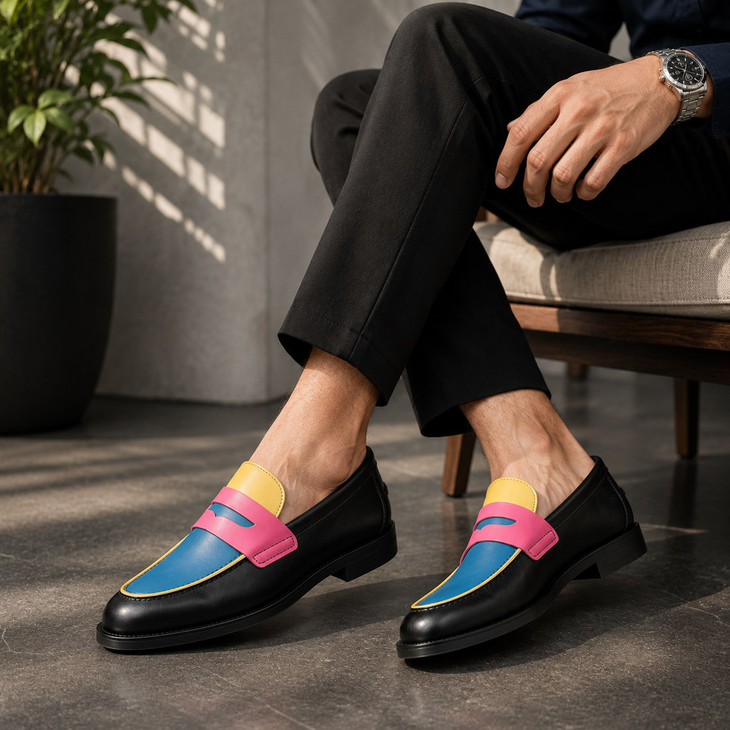 Marvel Signature Mosaic Colorblock Penny Loafers styled with a smart casual outfit