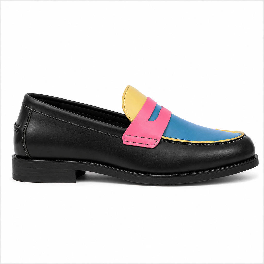 Side view of Marvel Signature Mosaic Colorblock Penny Loafers with black upper and low block heel