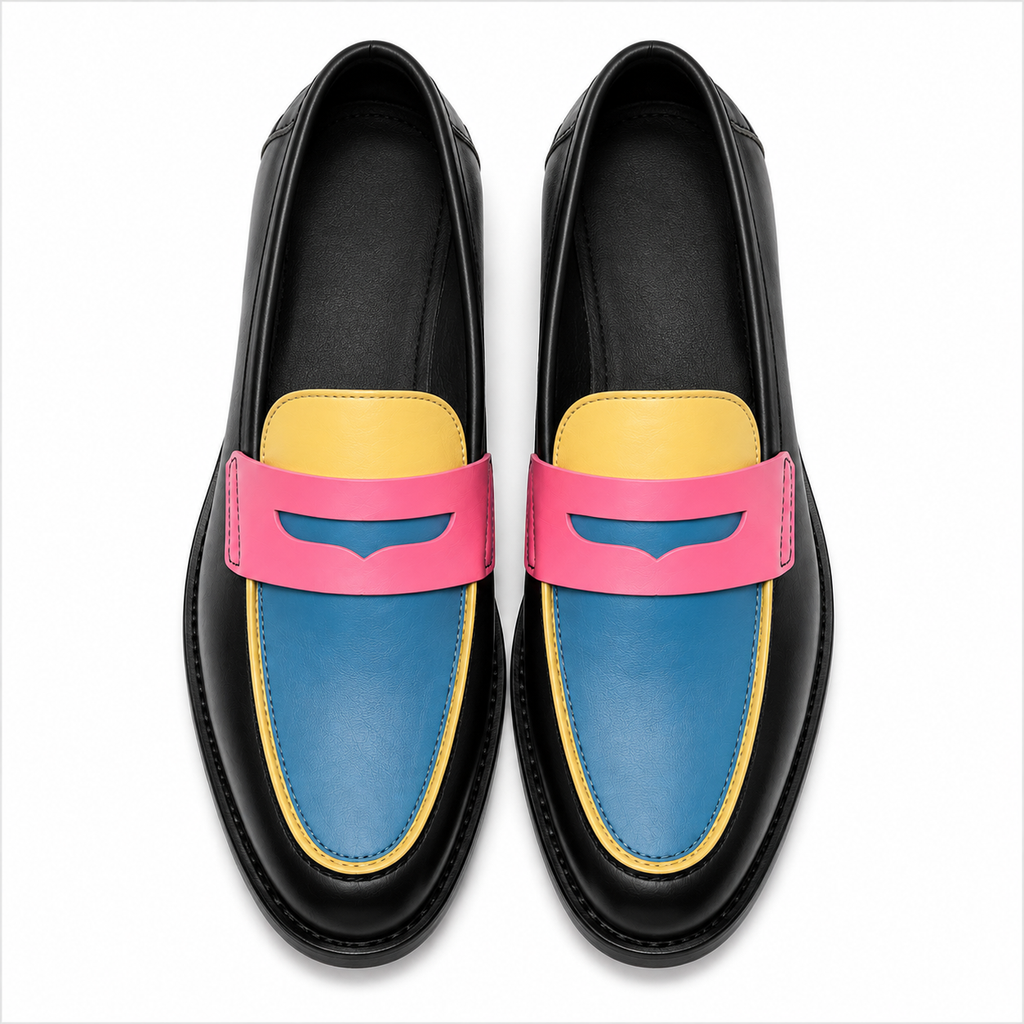 Top view of Marvel Signature Mosaic Colorblock Penny Loafers showing colorful penny strap and blue yellow vamp