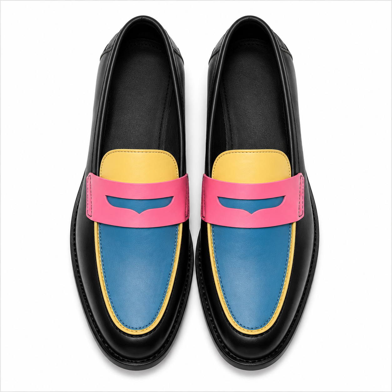 Top view of Marvel Signature Mosaic Colorblock Penny Loafers showing colorful penny strap and blue yellow vamp