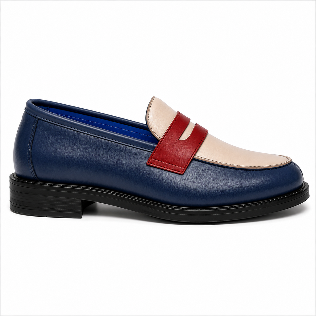 Side view of Marvel Signature Navy and Red Penny Loafers