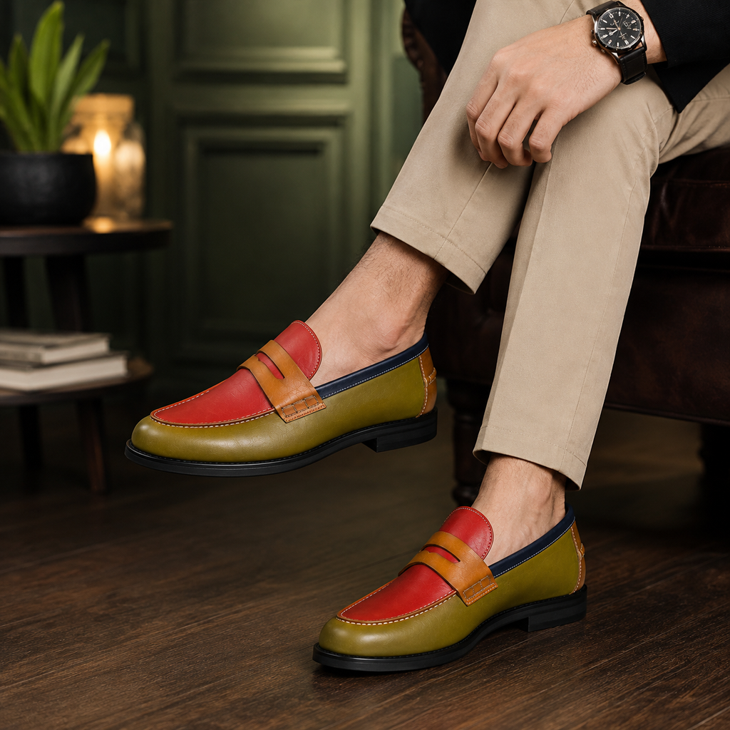 Man wearing Marvel Signature olive colorblock penny loafers with red and tan leather accents