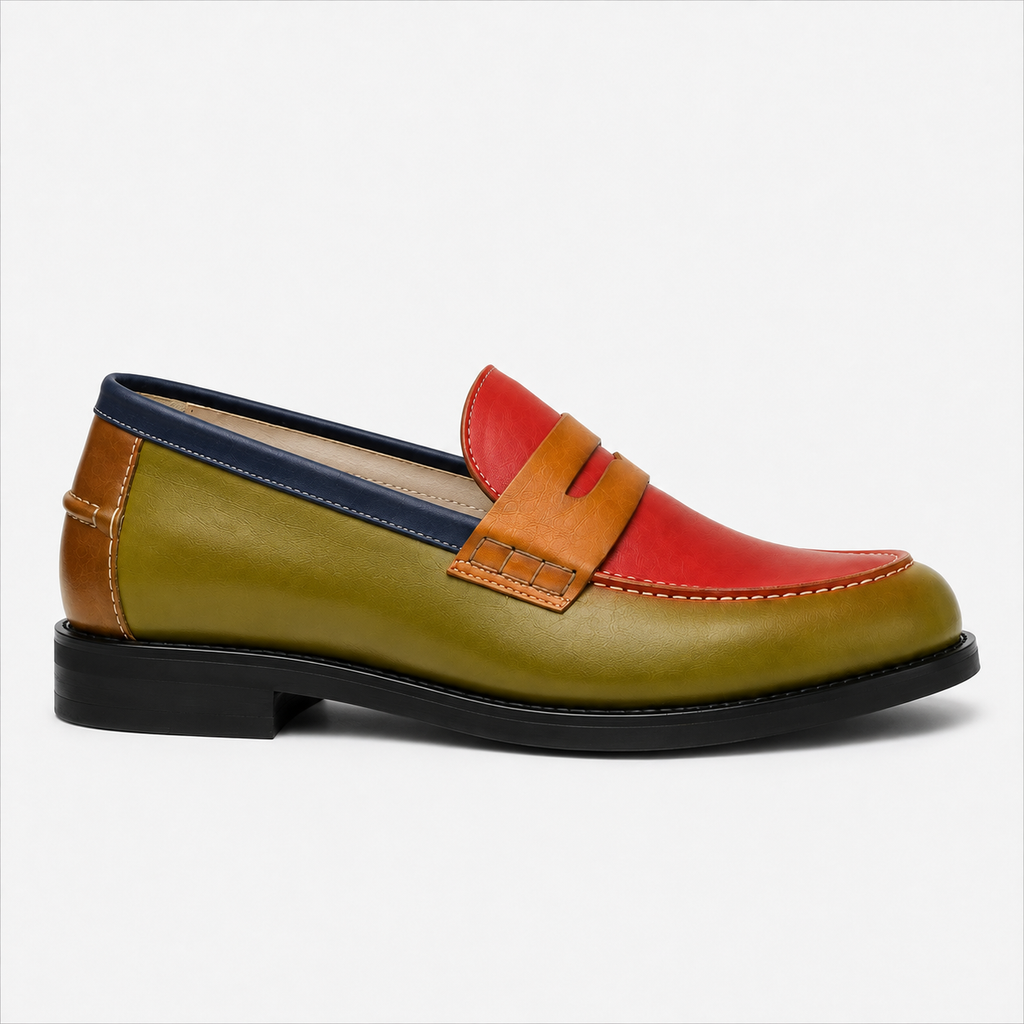 Side view of Marvel Signature olive colorblock penny loafer showing leather panels and black sole