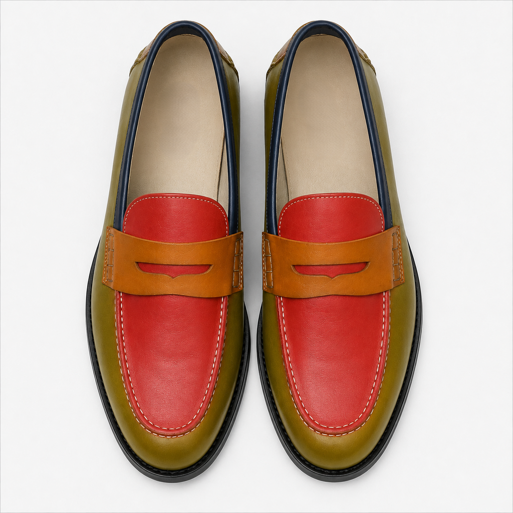 Top view of Marvel Signature olive colorblock penny loafers with red vamps and tan straps