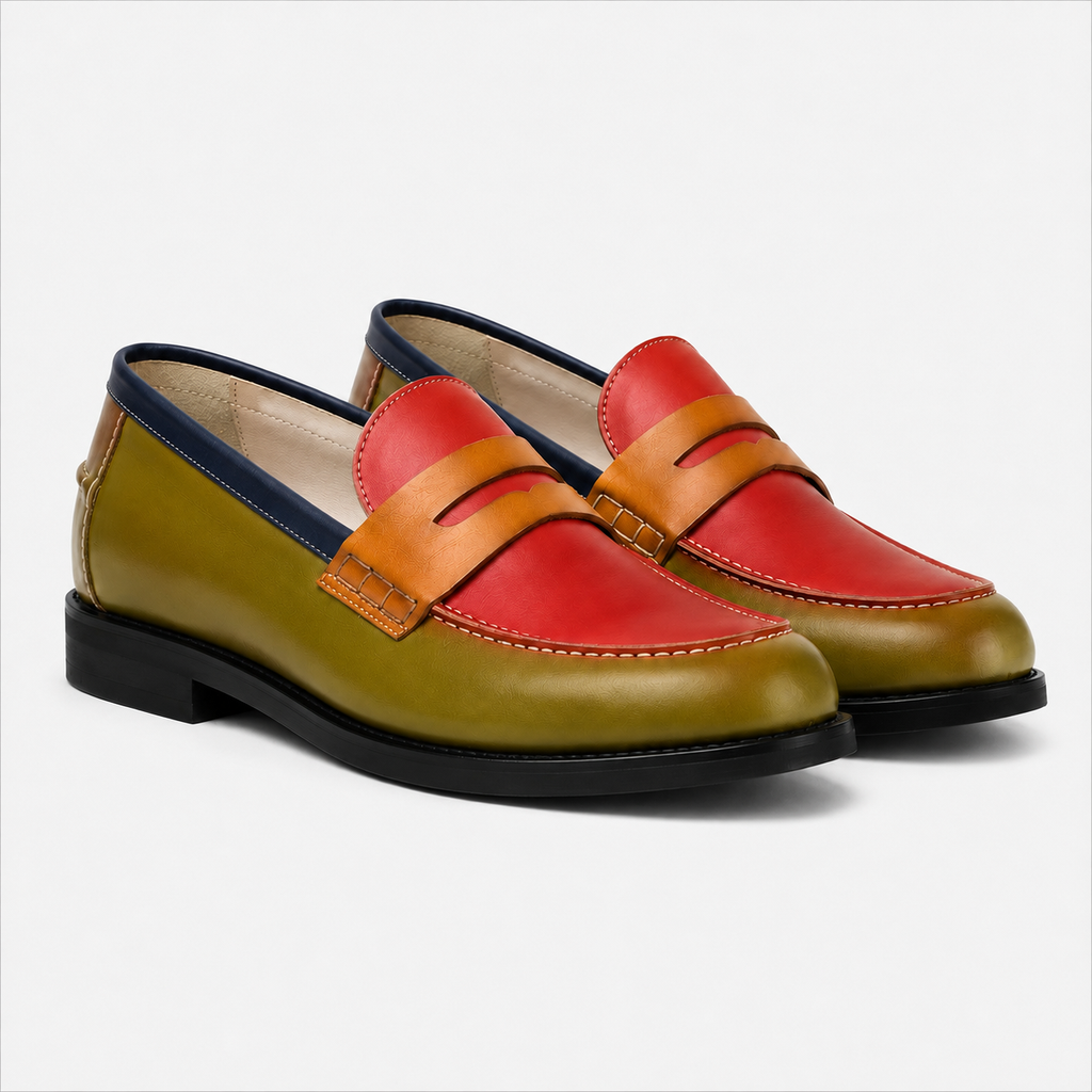 Marvel Signature olive colorblock penny loafers with red and tan leather accents