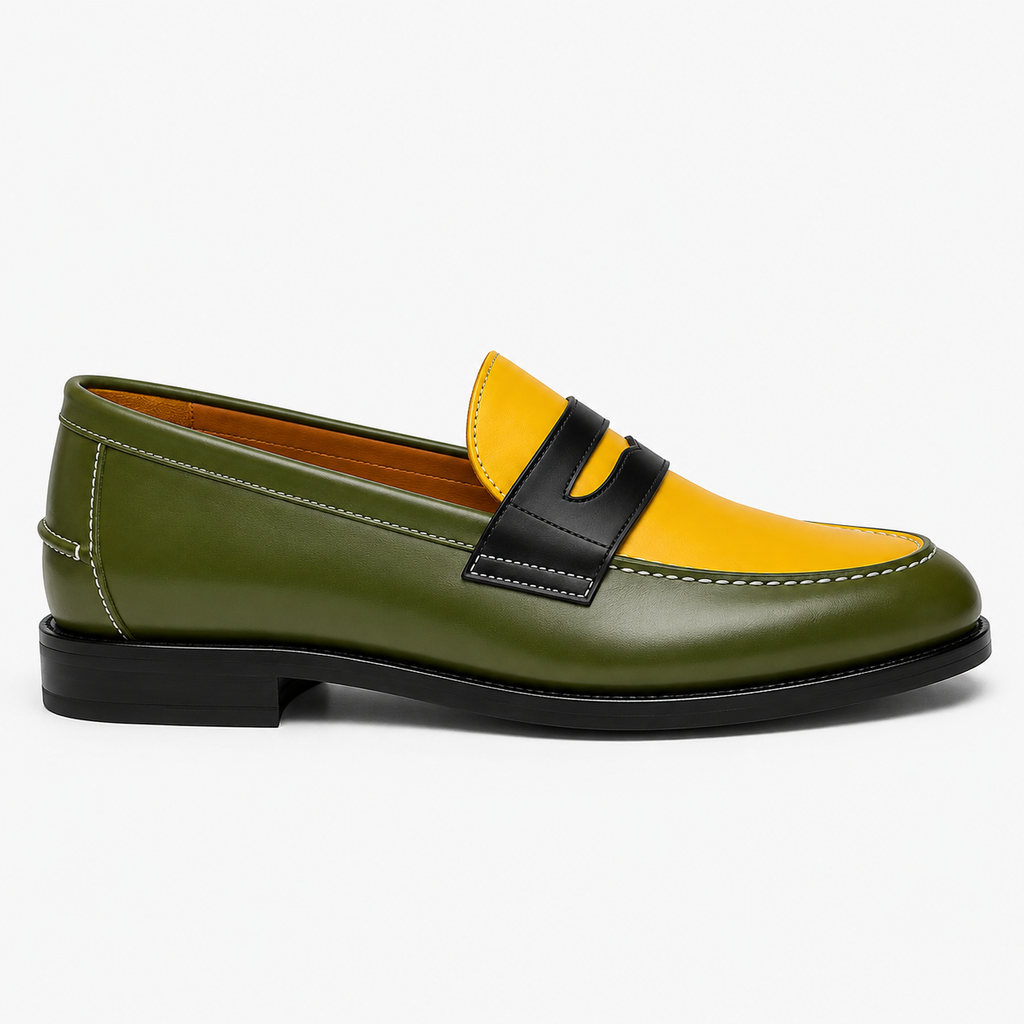 Side view of Marvel Signature Olive Contrast Leather Loafers