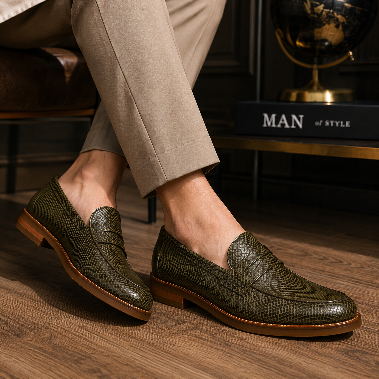 Marvel Signature Olive Green Croco Texture Penny Loafers Lifestyle