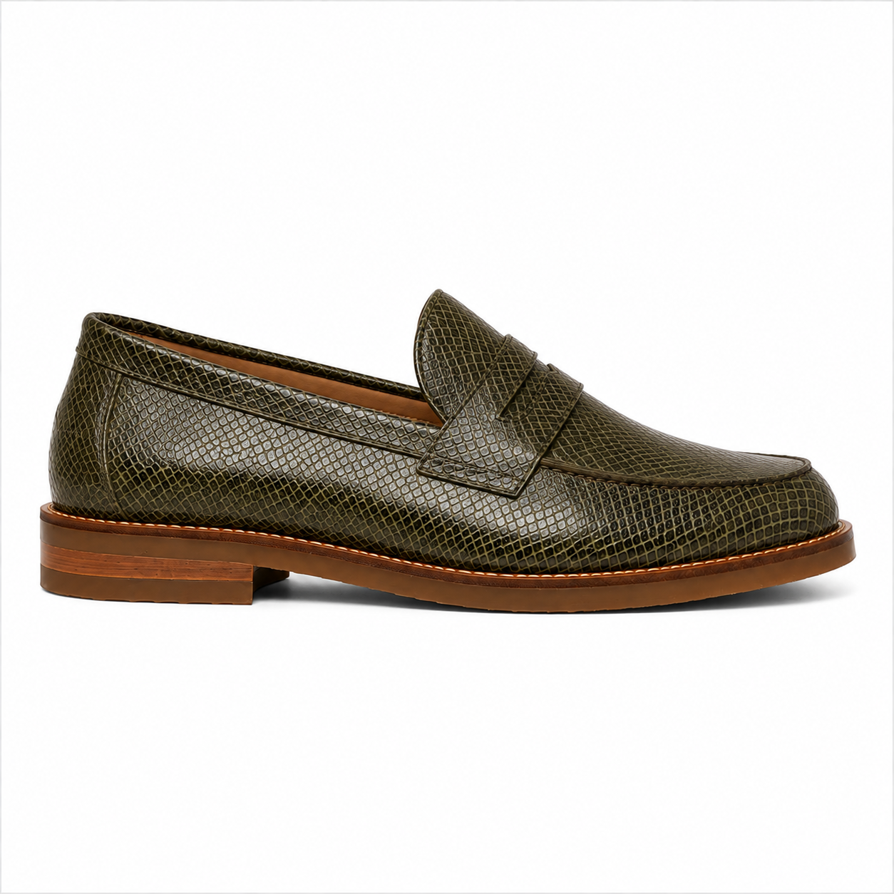 Marvel Signature Olive Green Croco Texture Penny Loafers Side View