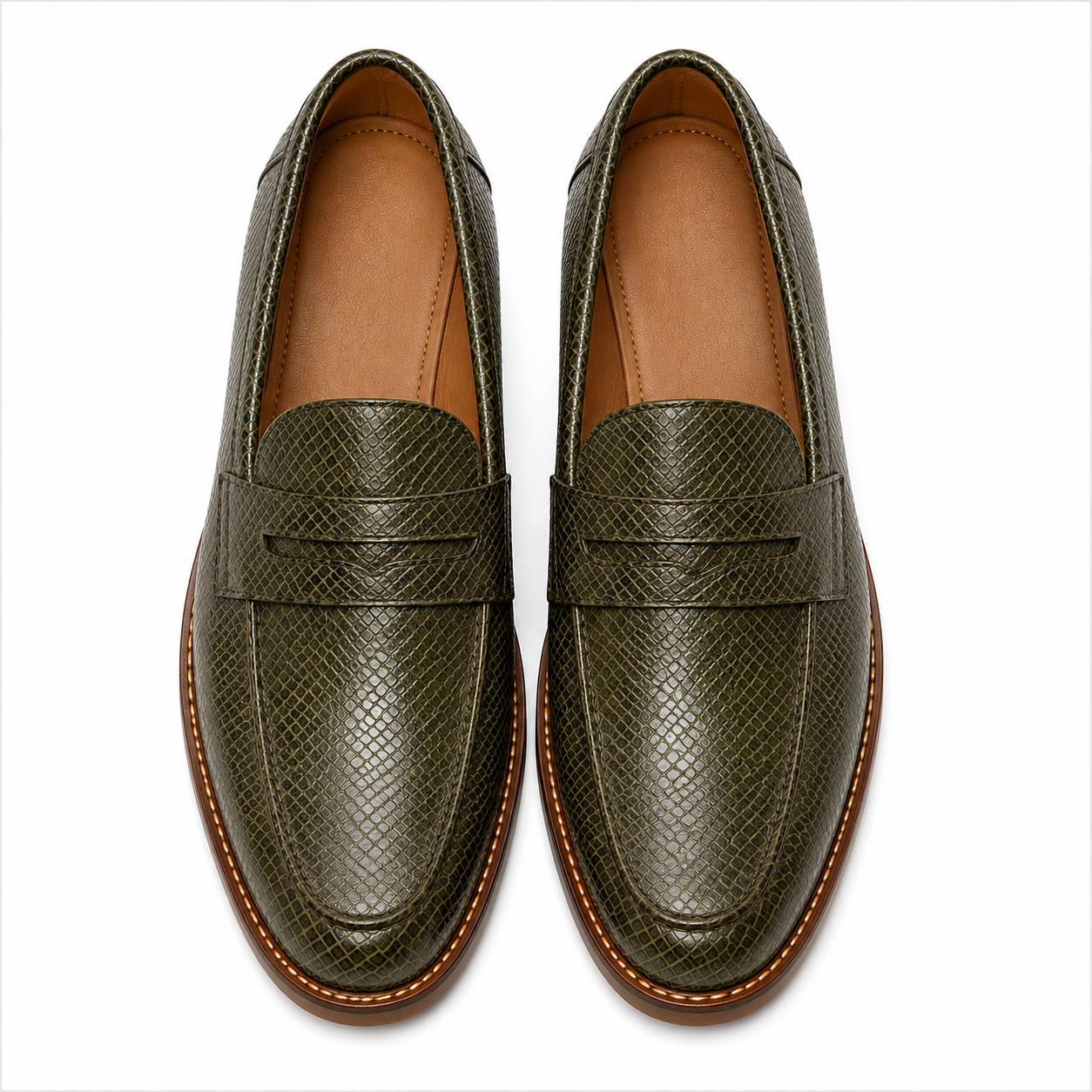Marvel Signature Olive Green Croco Texture Penny Loafers Top View