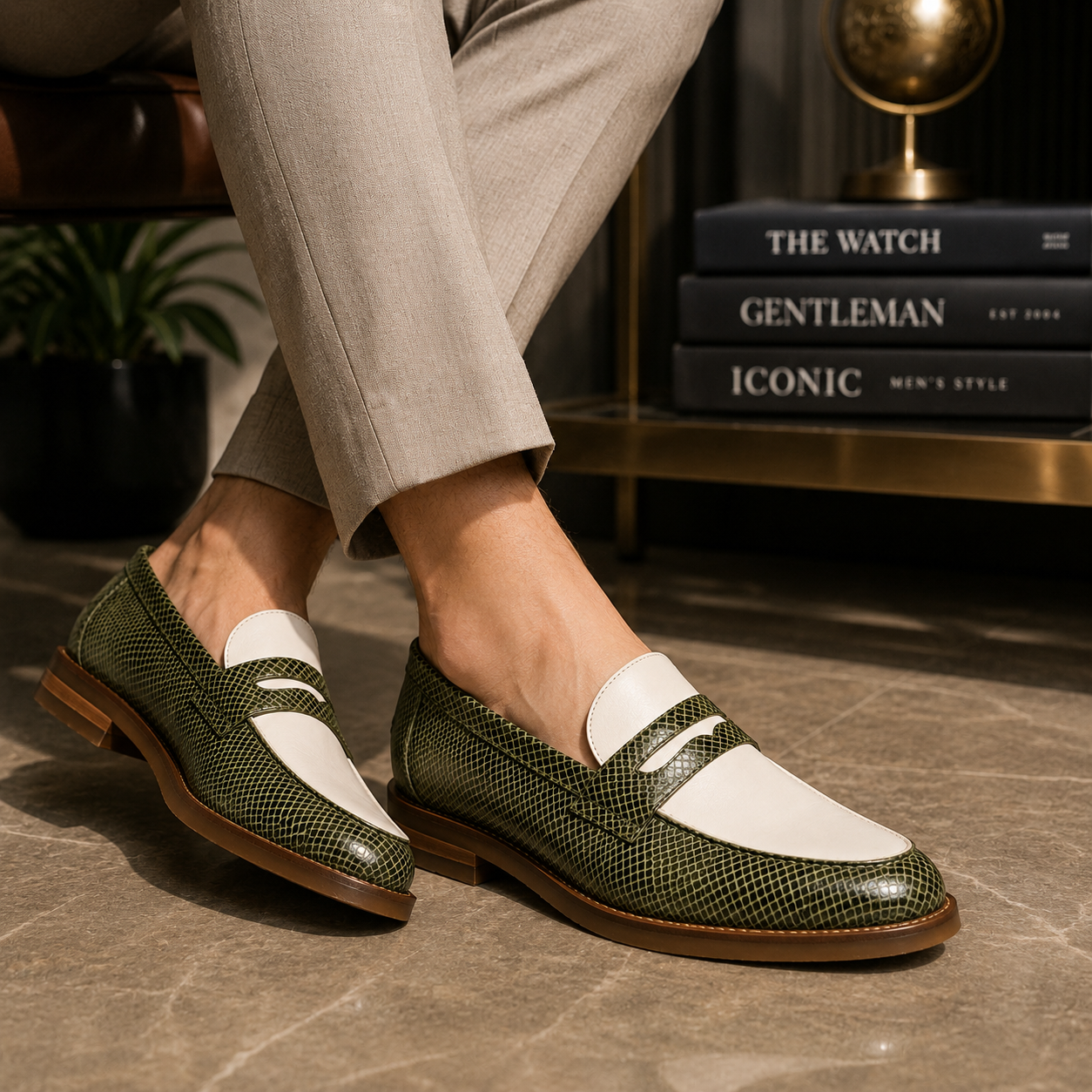 Marvel Signature Olive Green & White Croco Texture Penny Loafers lifestyle