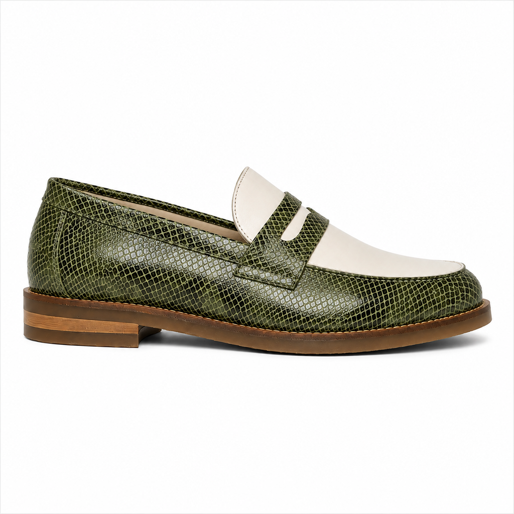 Side view of Marvel Signature Olive Green & White Croco Texture Penny Loafers
