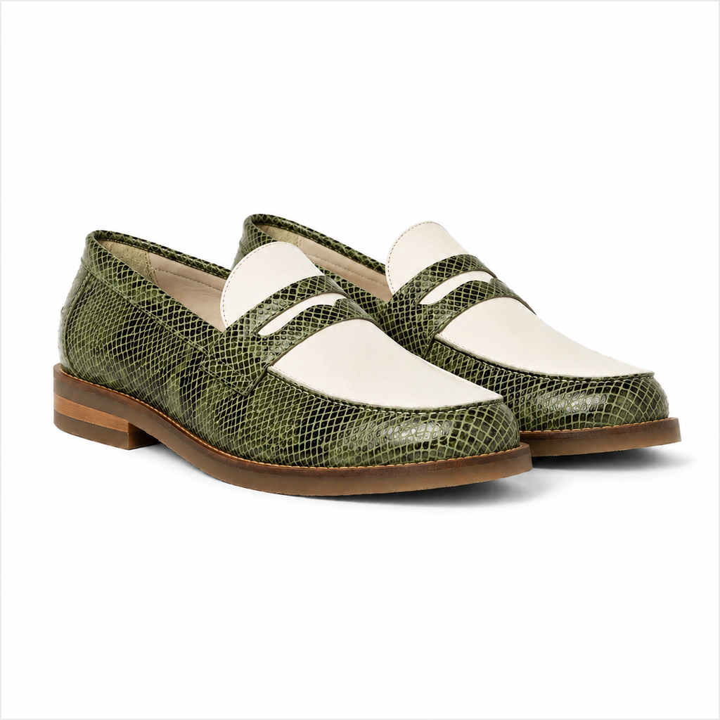 Marvel Signature Olive Green & White Croco Texture Penny Loafers