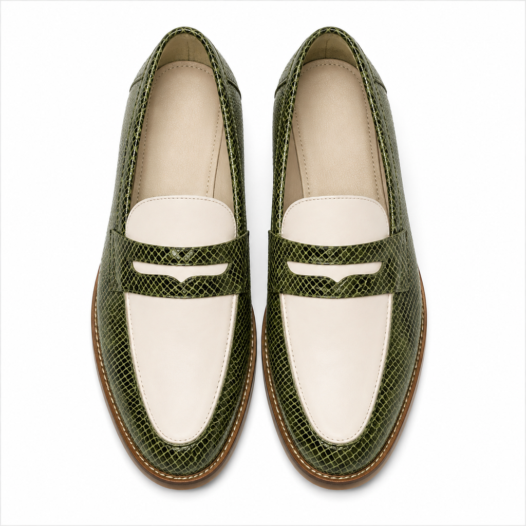 Top view of Marvel Signature Olive Green & White Croco Texture Penny Loafers