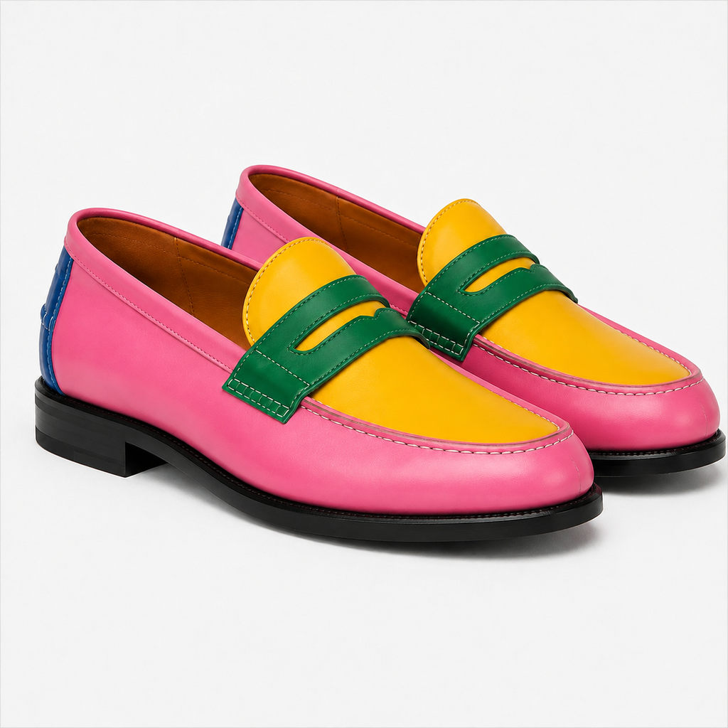 Marvel Signature Pink Multicolor leather loafers with yellow and green contrast details