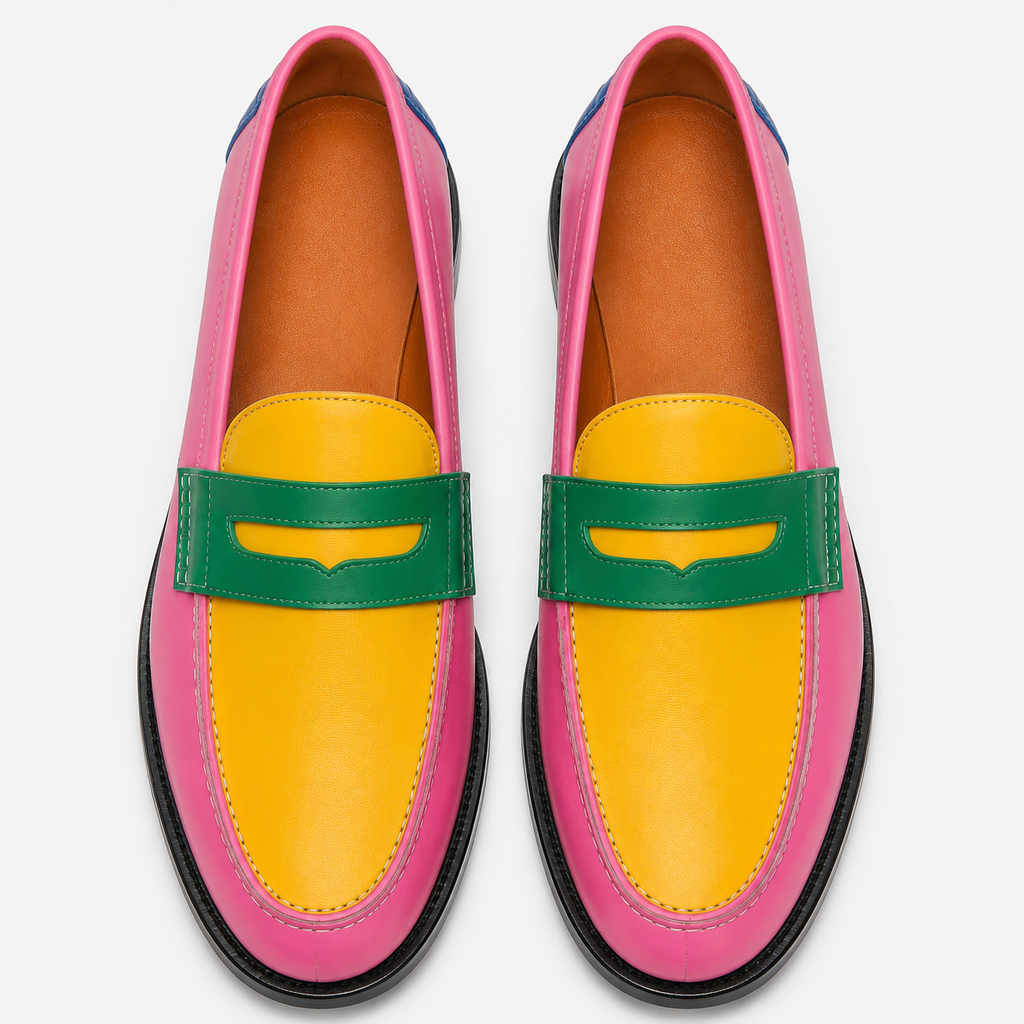 Top view of Marvel Signature Pink Multicolor leather loafers