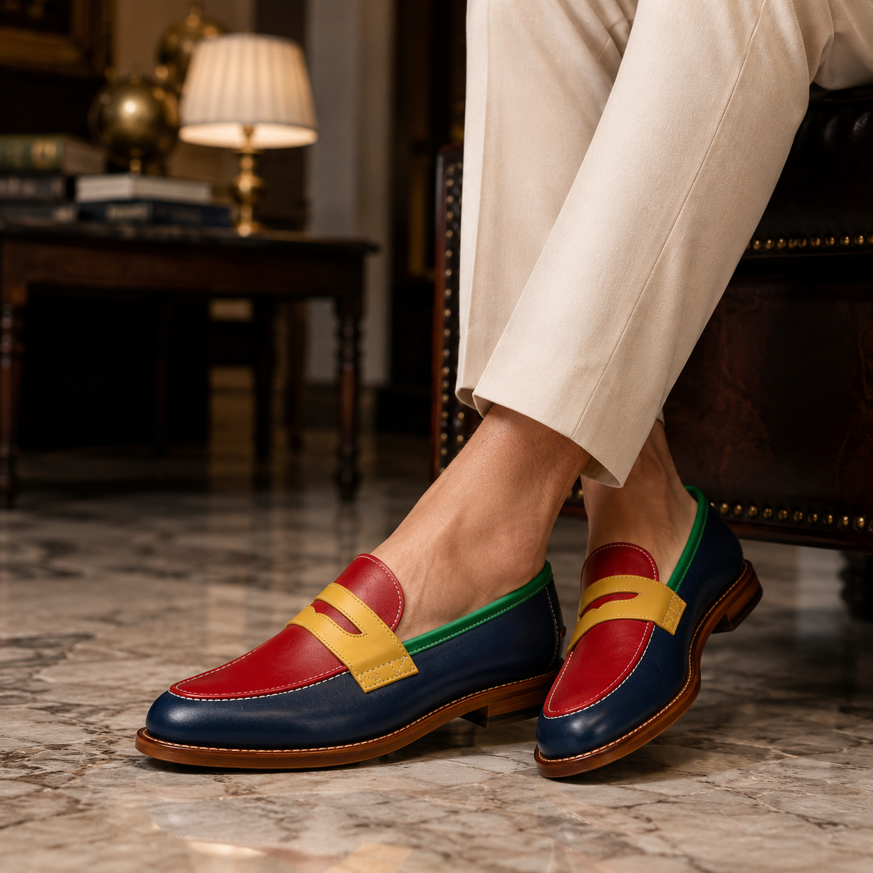 Man wearing Marvel Signature Riviera multicolor leather loafers in a stylish setting