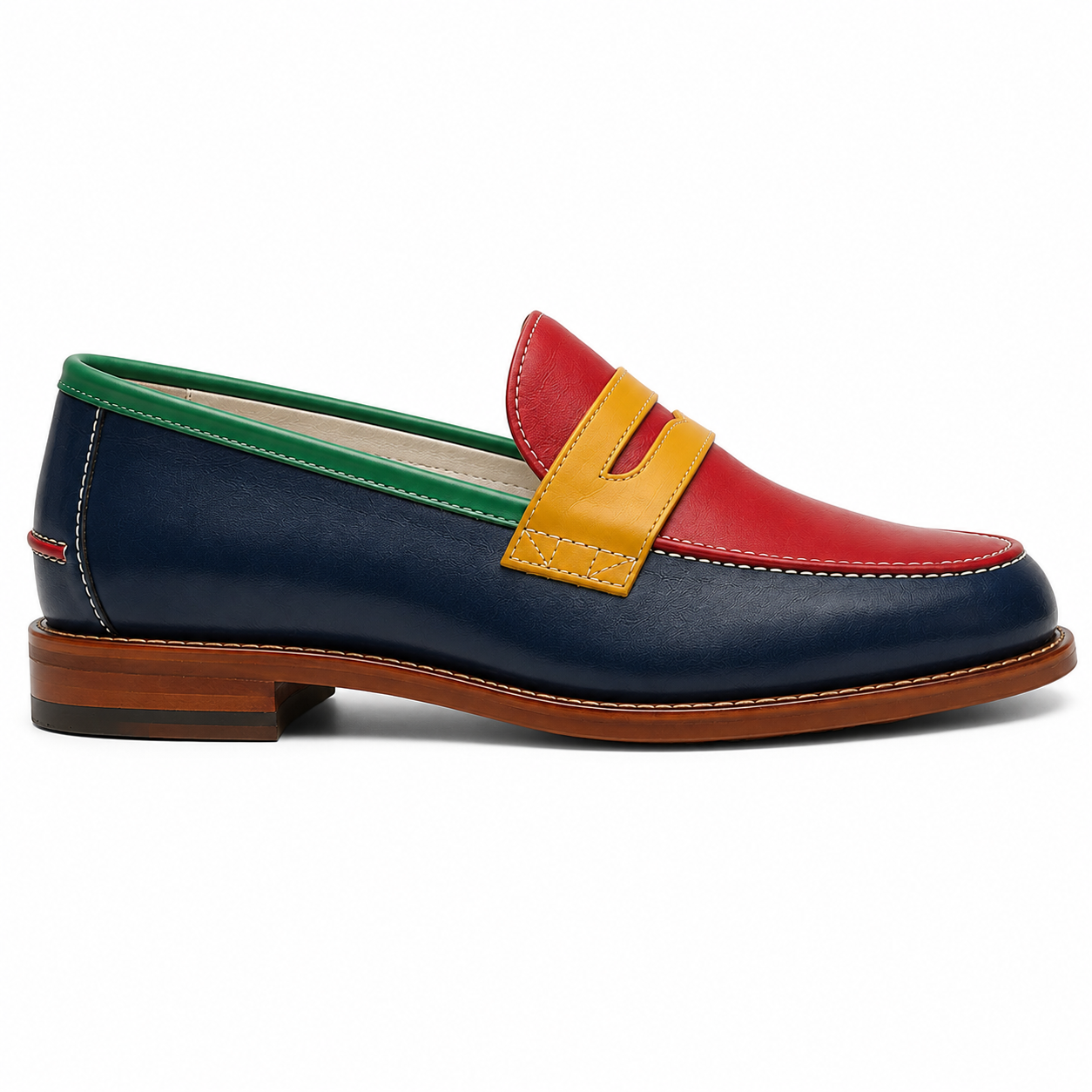 Side view of Marvel Signature Riviera men's navy leather loafers with brown sole