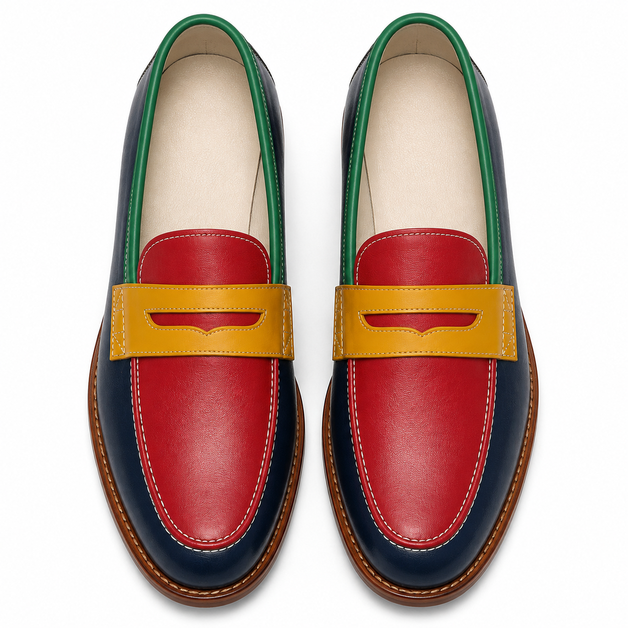 Top view of Marvel Signature Riviera navy leather loafers with multicolor detailing