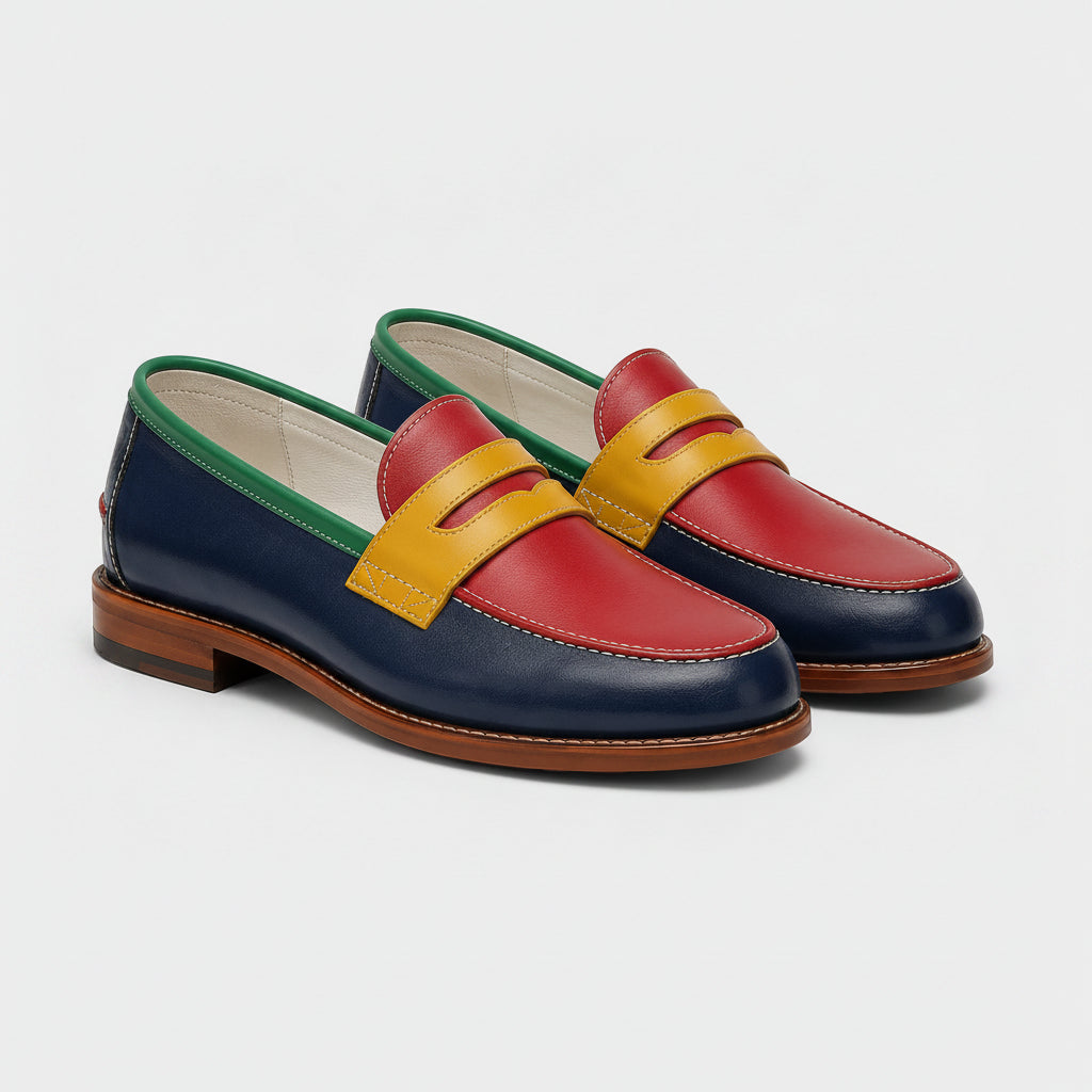 Marvel Signature Riviera navy leather loafers with red, gold and green detailing for men